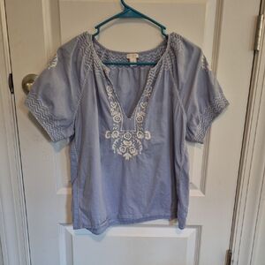 J. Crew Light Blue Blouse with White Embroidery